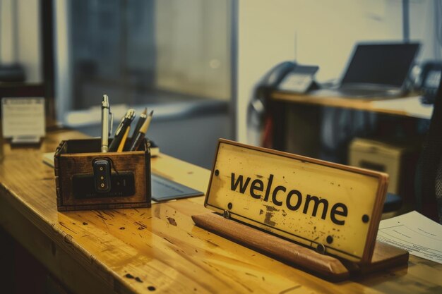 Photo new employees are greeted at a desk adorned with a warm welcome sign capturing the vibrant spirit of onboarding