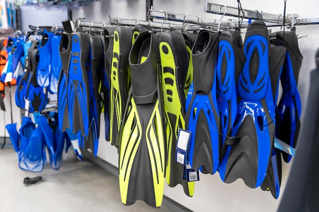 New fins for swimming on sale in a sports store Active recreation