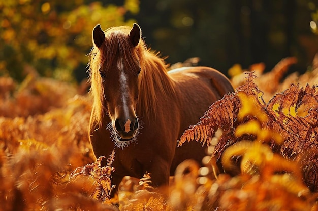 New forest pony amongst the golden ferns in autumn