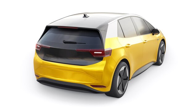 New generation yellow electric city hatchback car with extended range 3d illustration