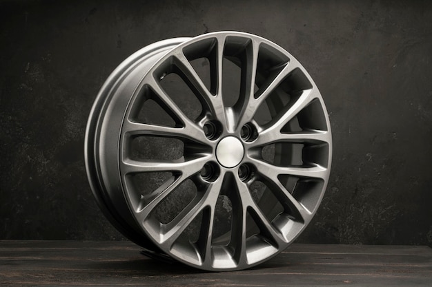 New grey alloy wheels on a dark textured black background car wheel