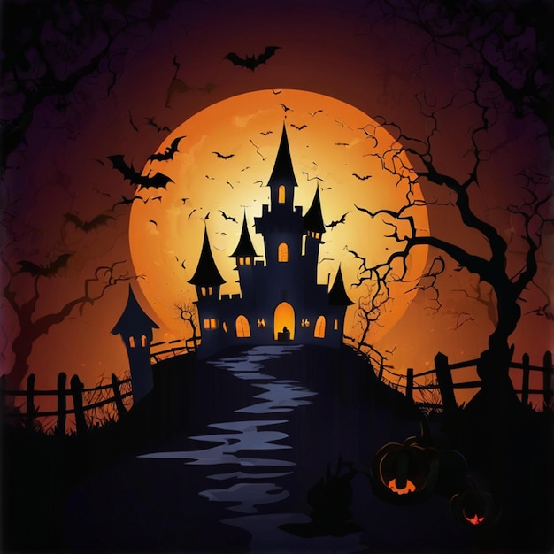 Photo new halloween invitation or background with spooky castle and bats