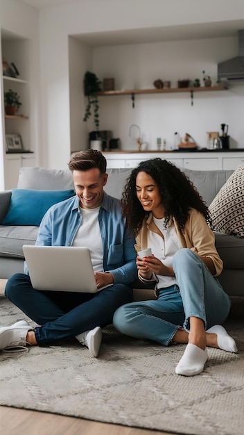 New home couple and laptop on floor for online banking property investment and ecommerce