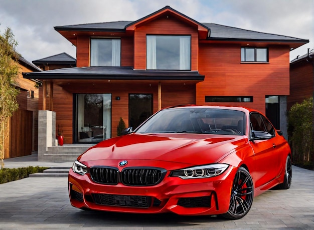 new house wait red BMW car