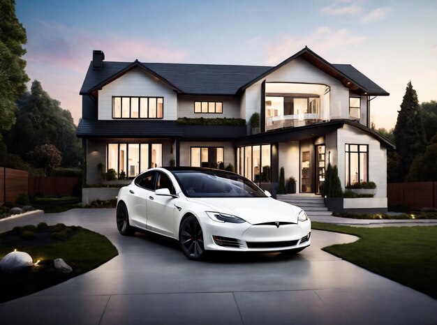 New house with red tesla car