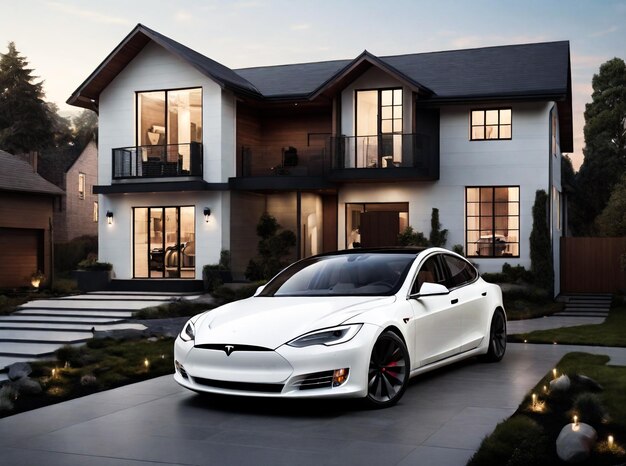 New house with red tesla car