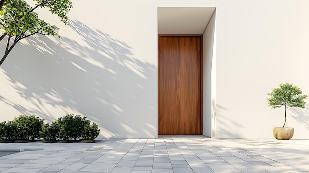 New house with wooden door and empty white signage