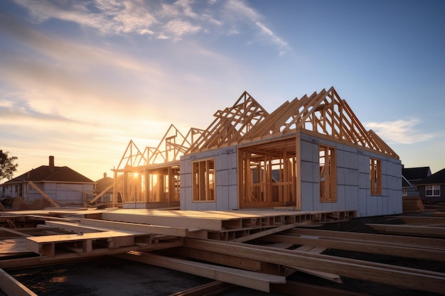 New houses being built with roof framing beams that are visible against the sky