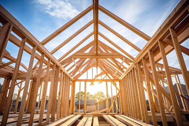 New houses being built with roof framing beams that are visible against the sky