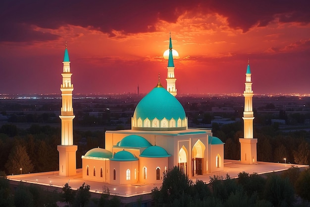 Photo new islamic masjid minor mosque in tashkent against dramatic red sunset sky