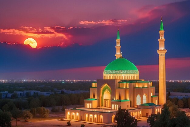 Photo new islamic masjid minor mosque in tashkent against dramatic red sunset sky