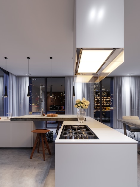 New kitchen appliances in a modern kitchen, suspended hood and a new cooking surface. 3d rendering.