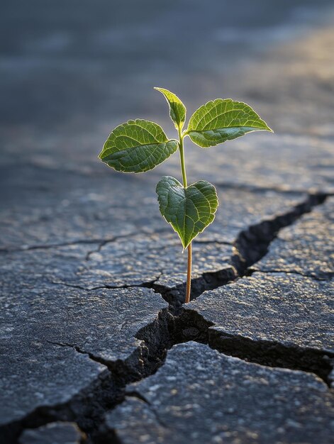 Photo new life growing through crack in pavement a single green plant sprouts through a crack in th