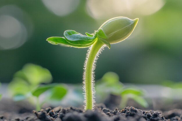 Photo a new life is beginning the seed has sprouted and the first leaves are reaching for the sun