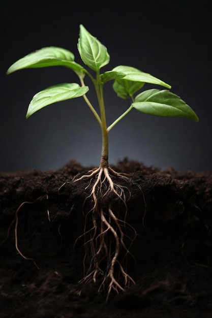 New life with a young plant sprouting from the ground its roots reaching deep into the soil