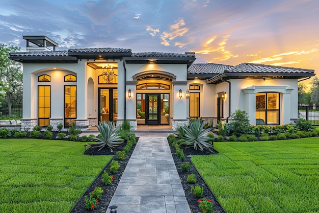 New Luxury Home Exterior with Lush Backyard