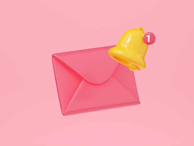 New mail notification 3d render closed envelope with bell icon Notice of new letter or message