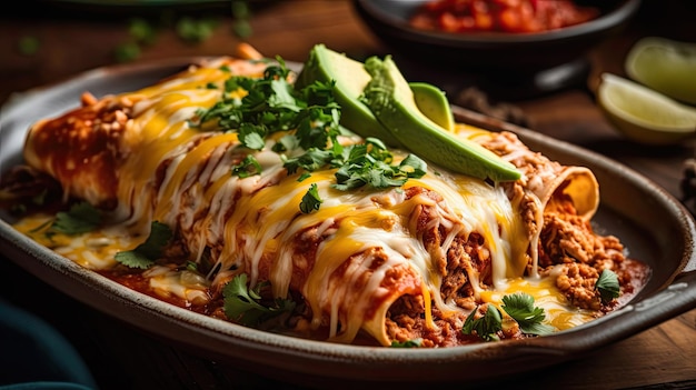 New Mexican flat enchiladas with vegetable chunks and blurred background