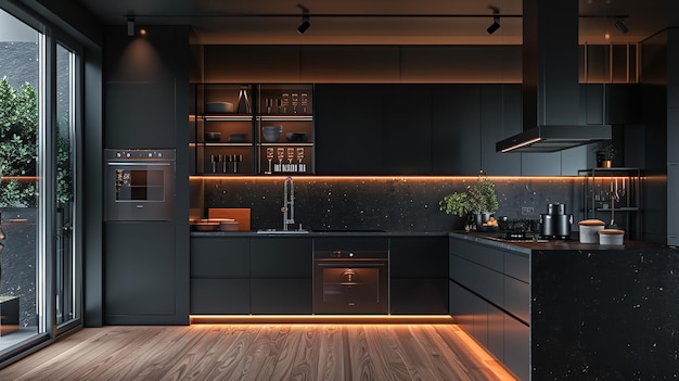 New modern black kitchen in a new apartment banner Generative AI