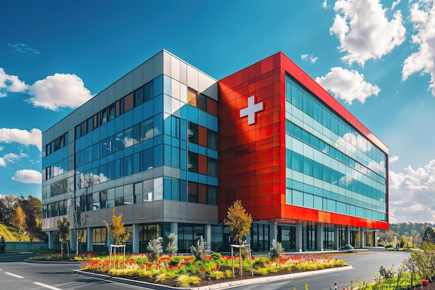 Photo new modern private hospital building outside with red cross