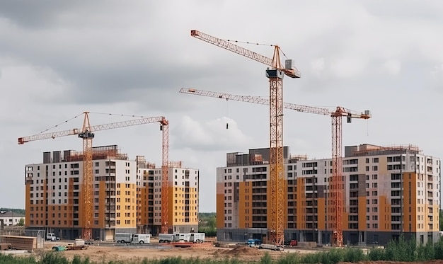 New multistorey houses under construction with cranes and scaffolding Creating using generative AI tools