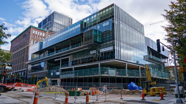 Photo a new office building rising up in a bustling city surrounded by construction fences and equipment