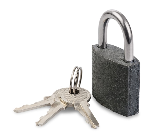 New padlock with keys isolated on white