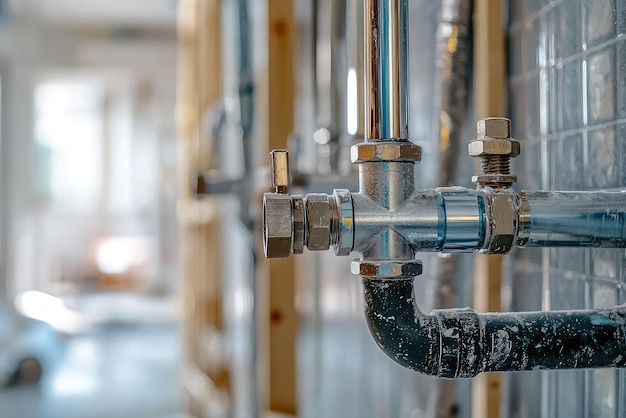 Photo new plumbing installed during home renovation a closeup view of shiny pipes and fittings