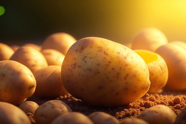 New potato on sun set background close up ai generative