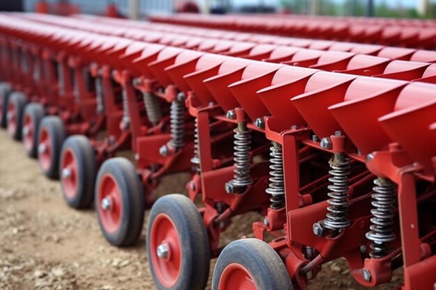 New red agricultural seeder close up view