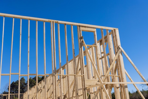 New residential home framing exterior view under construction new house