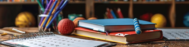 New school year setup with books pens and a calendar on desk