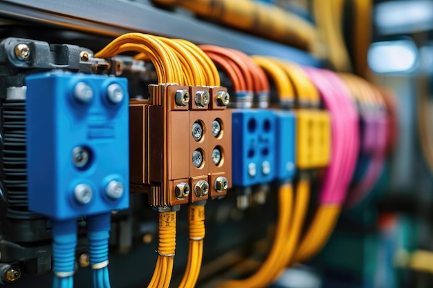 Photo new server rack with colorful electrical cables connected to power supply