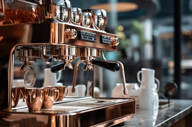 New shiny coffee machine at coffee shop is ready to start making coffee