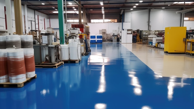 New shiny epoxy resin floor in a large brightly lit room Office warehouse production workshop after renovation