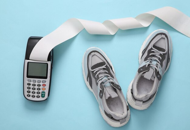 New sneakers and payment terminal on a blue background