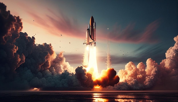 A new space rocket takes off Over a background of blue planet earth with gorgeous sunse a space shuttle with smoke and blast takes out into space Generative AI