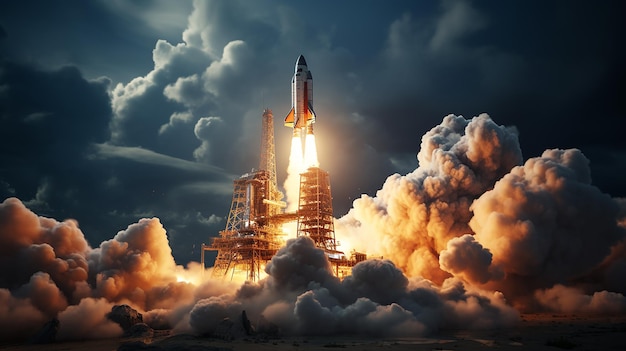 New space rocket with smoke and clouds takes off into the sky with full moon Shuttle spaceship