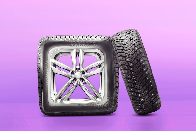 The new square wheel tire and alloy wheels on a purple red summer spring background curved square disk