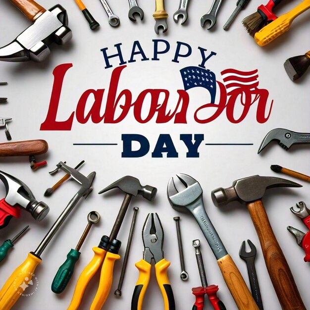 Photo new style card happy labor day with labor tools