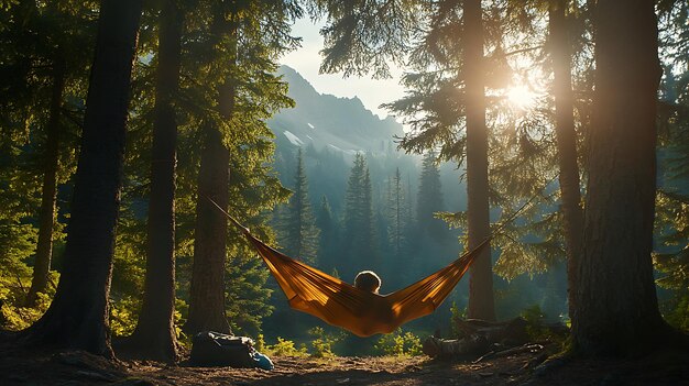 Photo a new traveler camping in a forest and relaxing near campfire