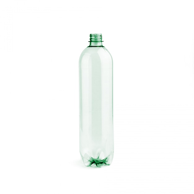 New unused green empty plastic bottle without cap on white background isolated.