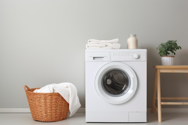 New washing machine beside lit wall with clothes