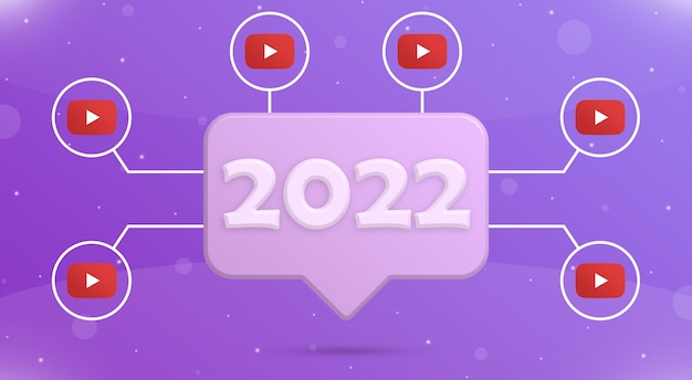 New year 2022 on the notification icon with the youtube logos around 3d