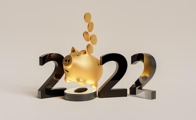 New year 2022 with golden piggy bank