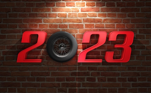 New Year 2023 Creative Design Concept with wheel - 3D Rendered Image