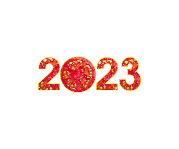 The new year 2023 Eve logo with a Tomato pattern for vegetarians, a Concept for Freshness, Natural