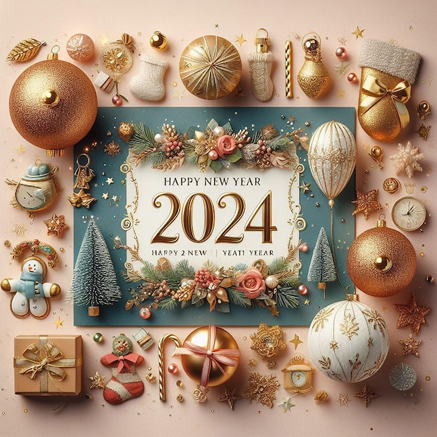 New year 2024 card with golden ball