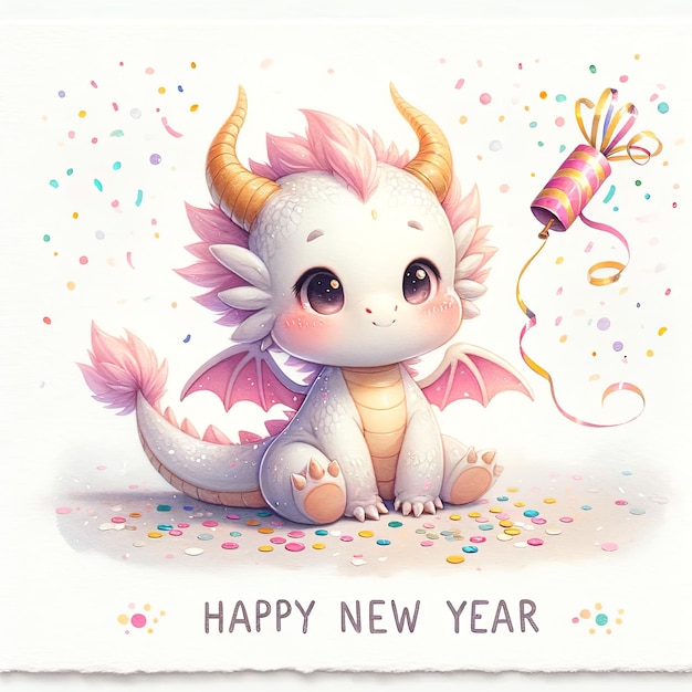 New year 2024 cute little dragon greeting card Watercolor illustration of cute cartoon baby dragon and Happy New Year text on white background New Year celebration watercolor art