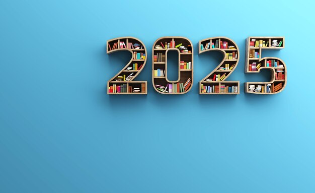 Photo new year 2025 creative design concept with book shelf 3d rendered image